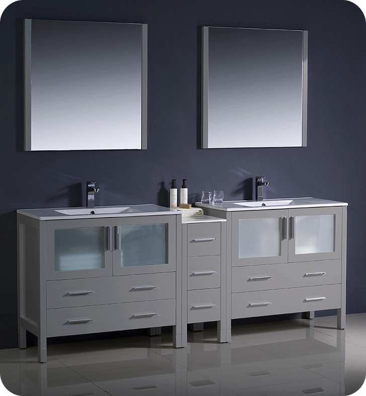84" Gray Modern Double Sink Bathroom Vanity with Faucet and Linen Side Cabinet Option