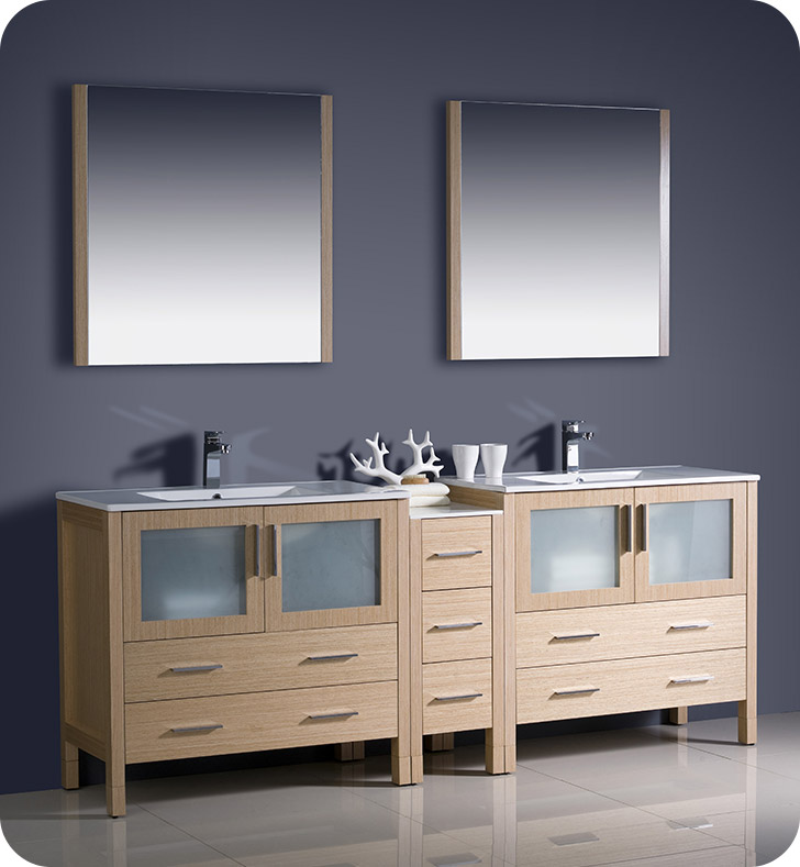 84" Light Oak Modern Double Sink Bathroom Vanity with Faucet and Linen Side Cabinet Option