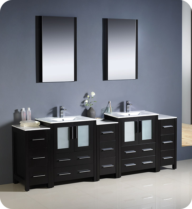 84" Modern Double Sink Bathroom Vanity with Color, Faucet and Linen Side Cabinet Option