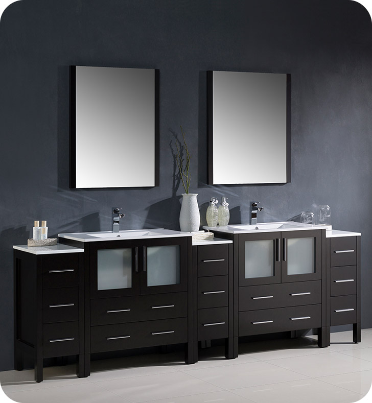 96" Modern Double Sink Bathroom Vanity with Color, Faucet and Linen Side Cabinet Option