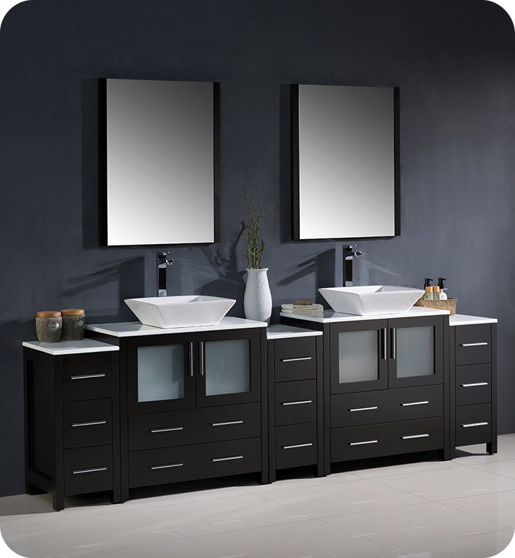 96" Modern Double Sink Bathroom Vanity Vessel Sinks with Color, Faucet and Linen Side Cabinet Option