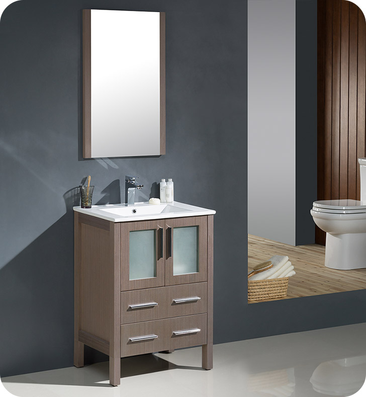 24" Gray Oak Modern Bathroom Vanity with Faucet and Linen Side Cabinet Option