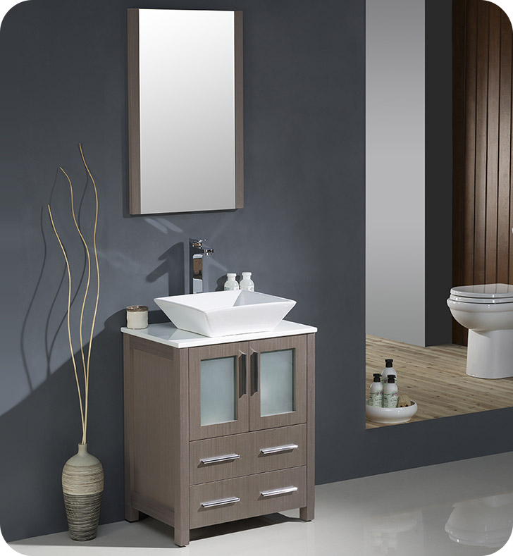 24" Gray Oak Modern Bathroom Vanity Vessel Sink with Faucet and Linen Side Cabinet Option