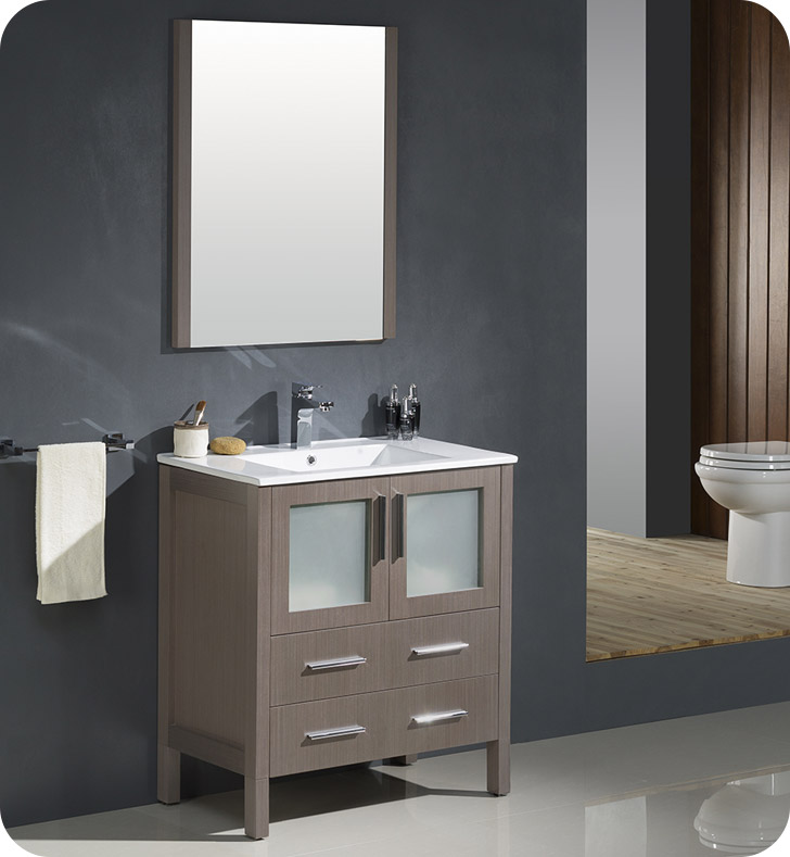 30" Gray Oak Modern Bathroom Vanity with Faucet and Linen Side Cabinet Option