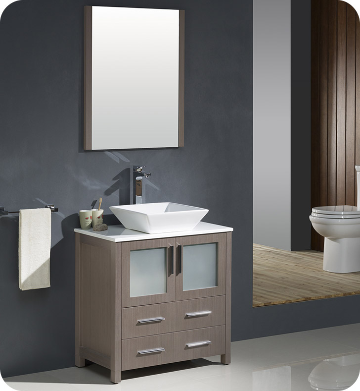 30" Gray Oak Modern Bathroom Vanity Vessel Sink with Faucet and Linen Side Cabinet Option