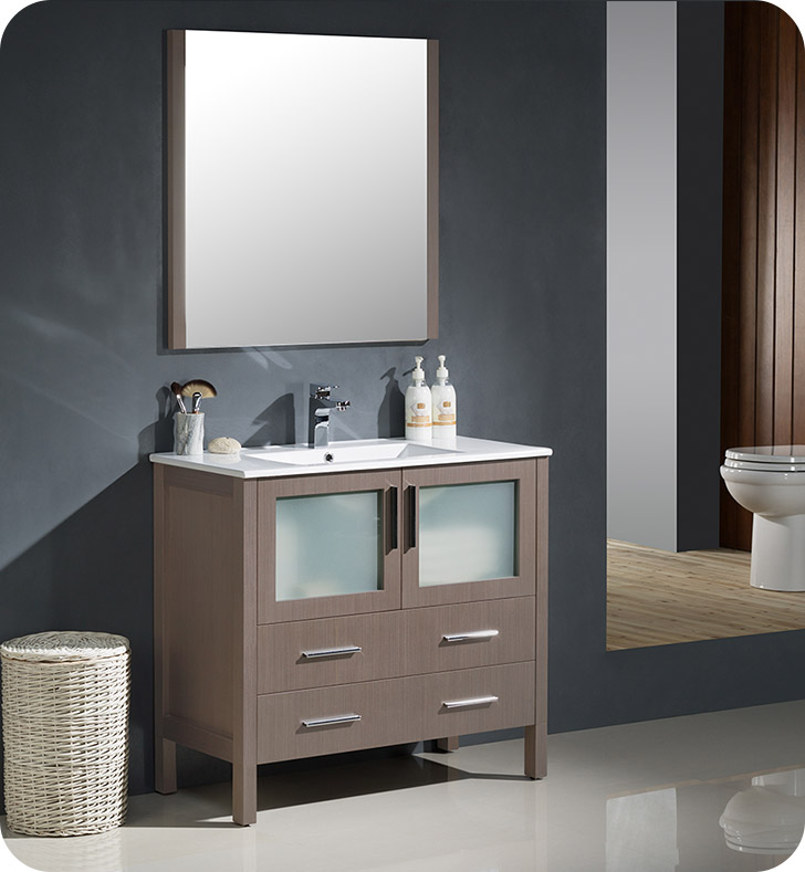 36" Gray Oak Modern Bathroom Vanity with Faucet and Linen Side Cabinet Option