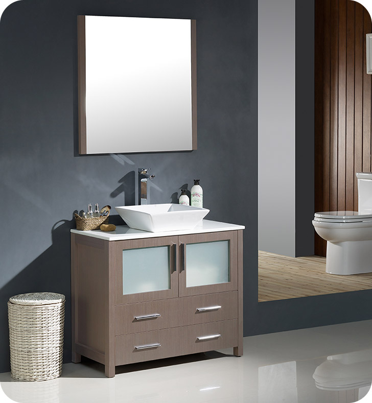 36" Gray Oak Modern Bathroom Vanity Vessel Sink with Faucet and Linen Side Cabinet Option