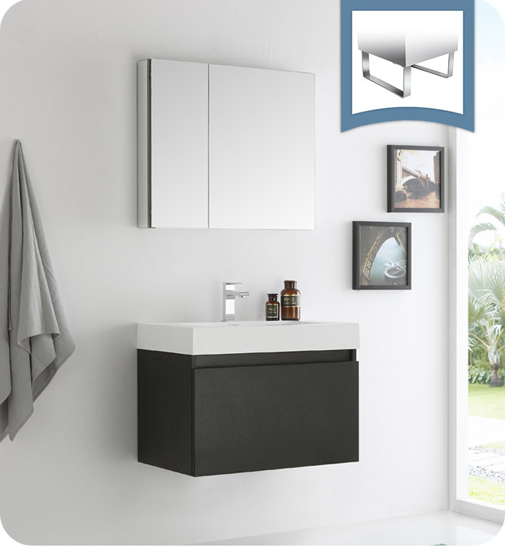 30" Black Wall Hung Modern Bathroom Vanity with Faucet, Medicine Cabinet and Linen Side Cabinet Options