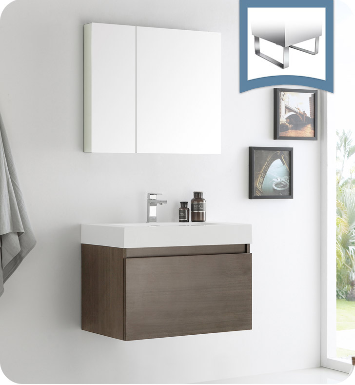 30" Gray Oak Wall Hung Modern Bathroom Vanity with Faucet, Medicine Cabinet and Linen Side Cabinet Options