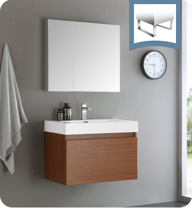 30" Teak Wall Hung Modern Bathroom Vanity with Faucet, Medicine Cabinet and Linen Side Cabinet Options
