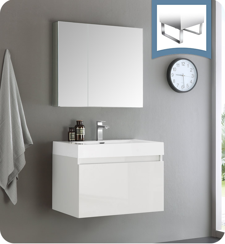 Fresca Mezzo 30" White Wall Hung Modern Bathroom Vanity with Faucet, Medicine Cabinet and Linen Side Cabinet Option
