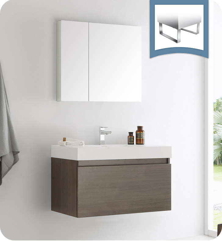36" Gray Oak Wall Hung Modern Bathroom Vanity with Faucet. Medicine Cabinet and Linen Side Cabinet Option