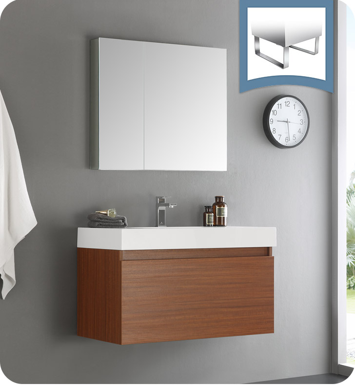 36" Teak Wall Hung Modern Bathroom Vanity with Faucet, Medicine Cabinet and Linen Side Cabinet Option