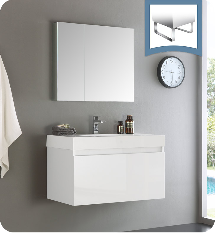 36" White Wall Hung Modern Bathroom Vanity with Faucet, Medicine Cabinet and Linen Side Cabinet Option