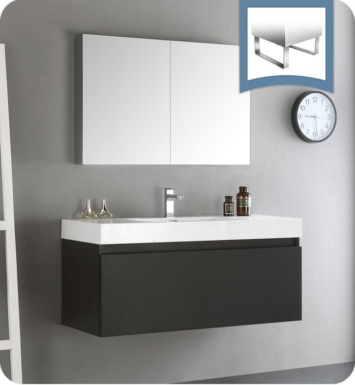 48" Black Wall Hung Modern Bathroom Vanity with Faucet, Medicine Cabinet and Linen Side Cabinet Options