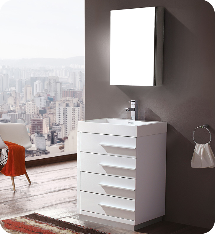 24" Free Standing Single Bathroom Vanity in Glossy White with Med Cab and Faucet option 