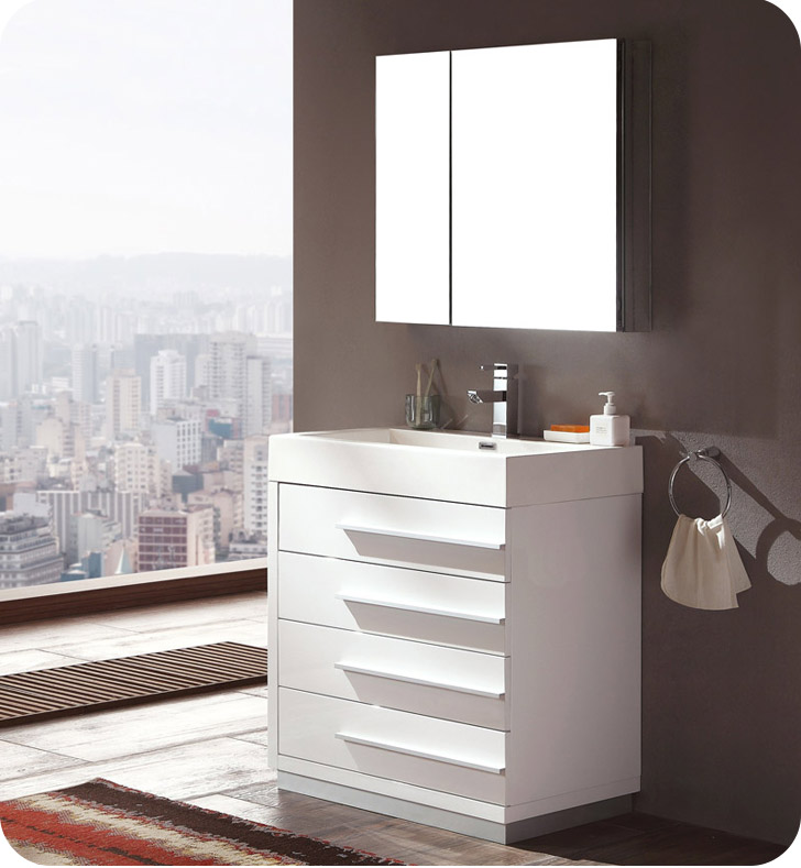 30" White Modern Bathroom Vanity with Faucet, Medicine Cabinet and Linen Side Cabinet Option