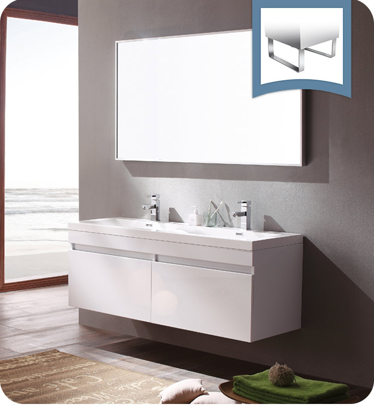 57" White Modern Double Bathroom Vanity with Faucet, Medicine Cabinet and Linen Side Cabinet Option
