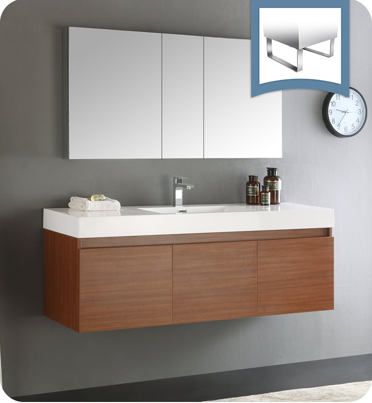 60" Teak Wall Hung Single Sink Modern Bathroom Vanity with Faucet, Medicine Cabinet and Linen Side Cabinet Option