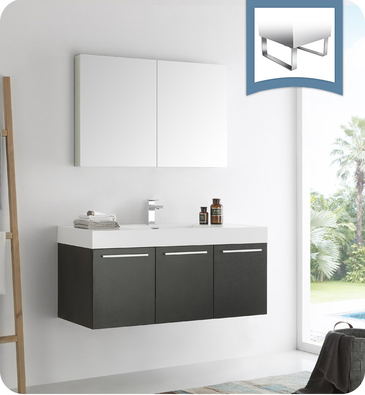 48" Black Wall Hung Modern Bathroom Vanity with Faucet, Medicine Cabinet and Linen Side Cabinet Option