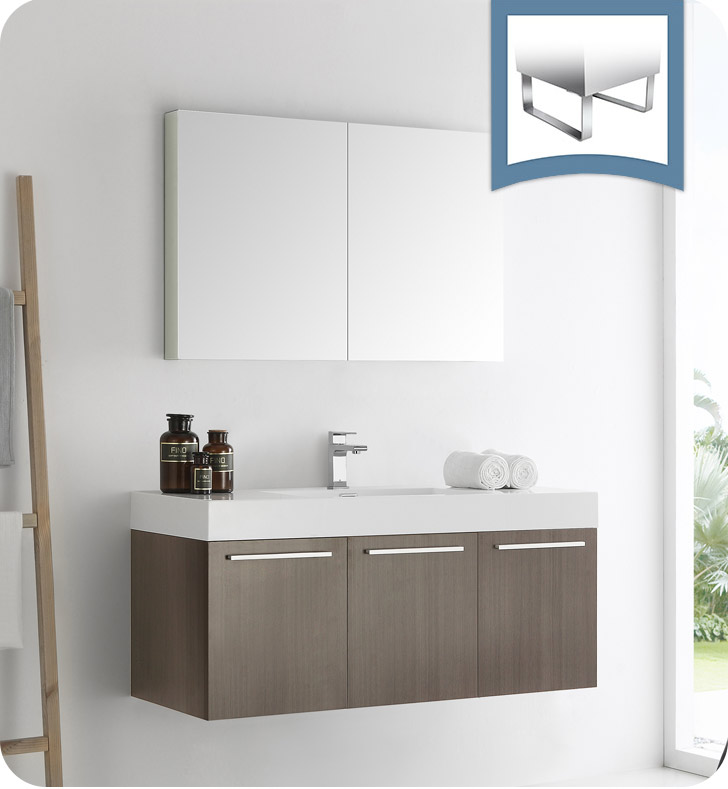 48" Gray Oak Wall Hung Modern Bathroom Vanity with Faucet, Medicine Cabinet and Linen Side Cabinet Option