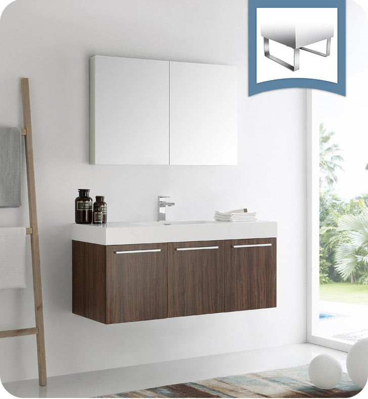 48" Walnut Wall Hung Modern Bathroom Vanity with Faucet, Medicine Cabinet and Linen Side Cabinet Option