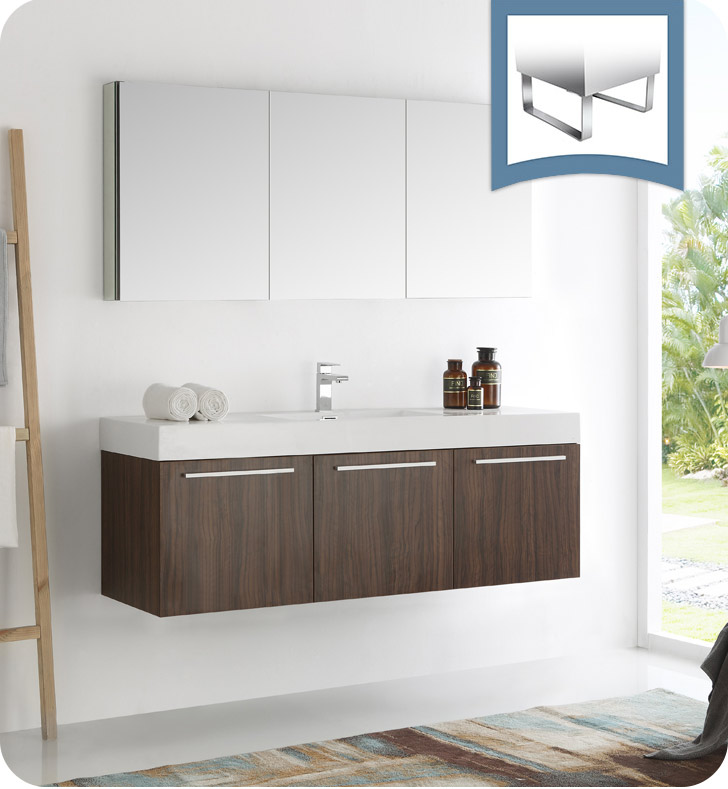 60" Walnut Wall Hung Modern Bathroom Vanity with Faucet, Medicine Cabinet and Linen Side Cabinet Option