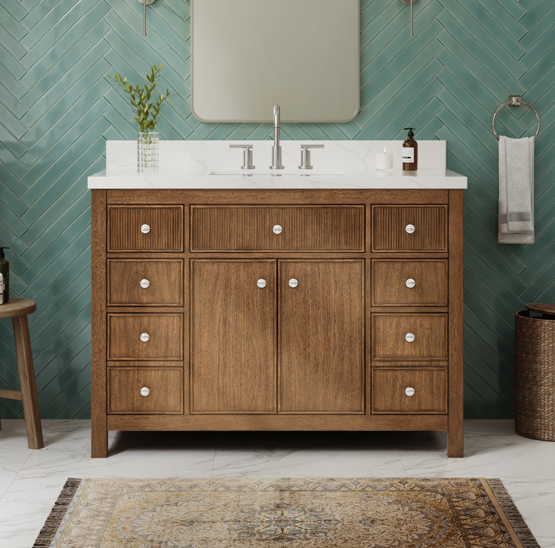 48" Single Bathroom Vanity in Toasted Walnut, Giotto Quartz Countertop, Undermount Square Sink (3-Hole), with Countertop Options and Hardware Option