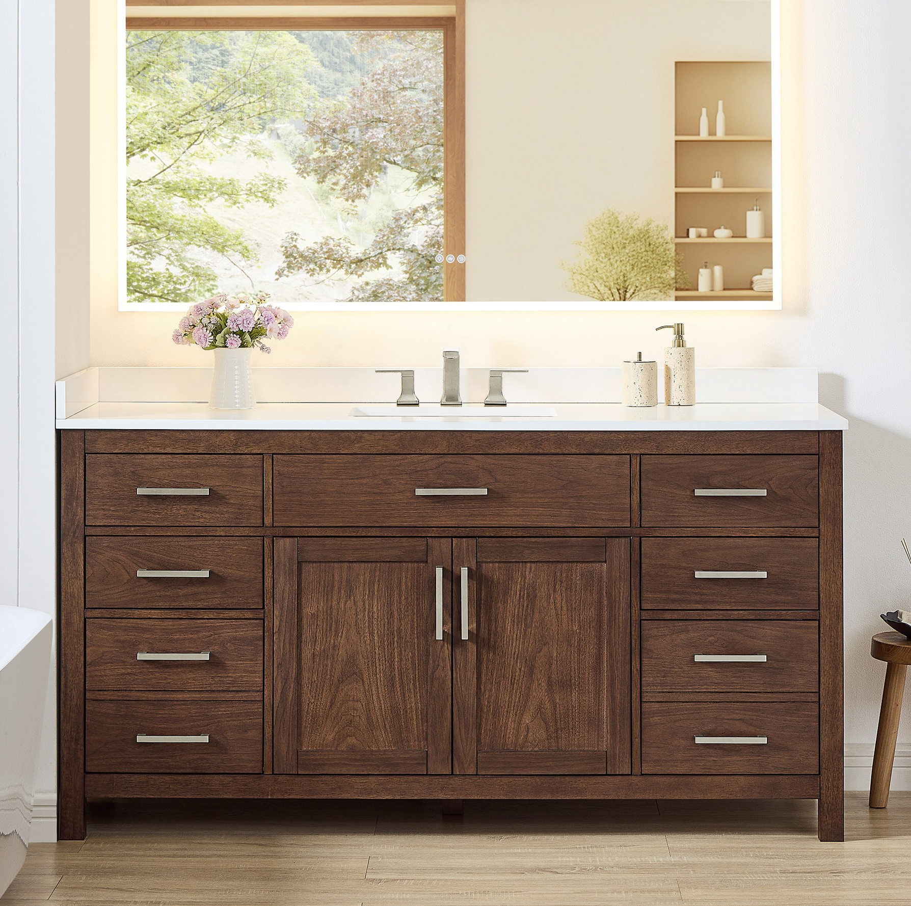66 Inch Single Bathroom Vanity in Dark Walnut, Brushed Nickel Trim with 3 Hardware Options and Countertop Options