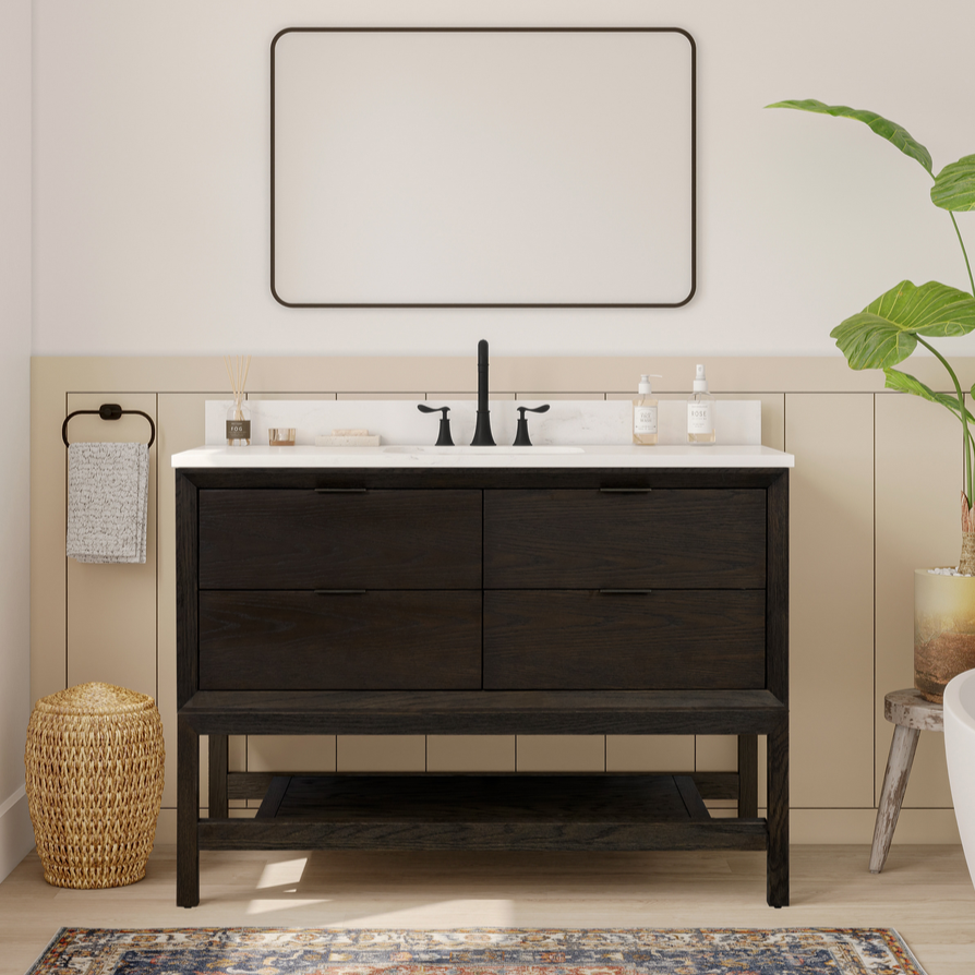 Issac Edwards Rustic Modern 48" Single Bathroom Vanity in Brown Oak Finish KD on Legs with 1" Thick White Stone Top