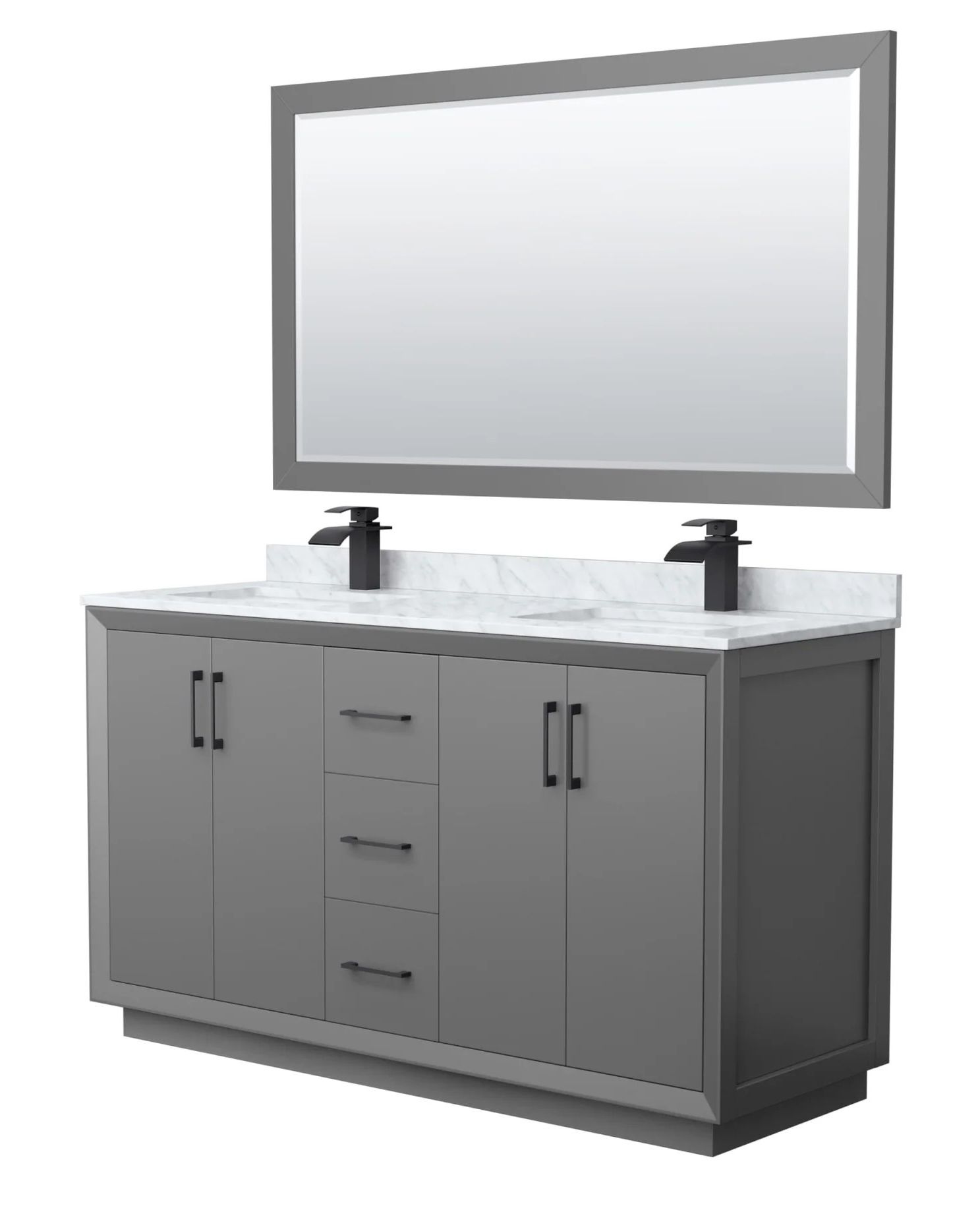 60" Transitional Double Vanity Base in Dark Grey, 3 Top Option, with 3 Hardware Options and Mirror Option