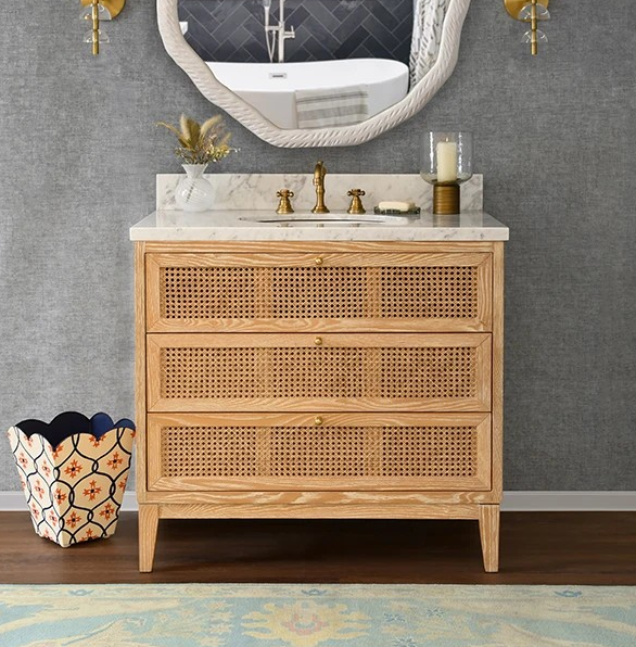 Issac Edwards 36.5" Bathroom Vanity in Cerused Oak with Cane Front Drawers, White and Grey Marble Top and Porcelain Sink 