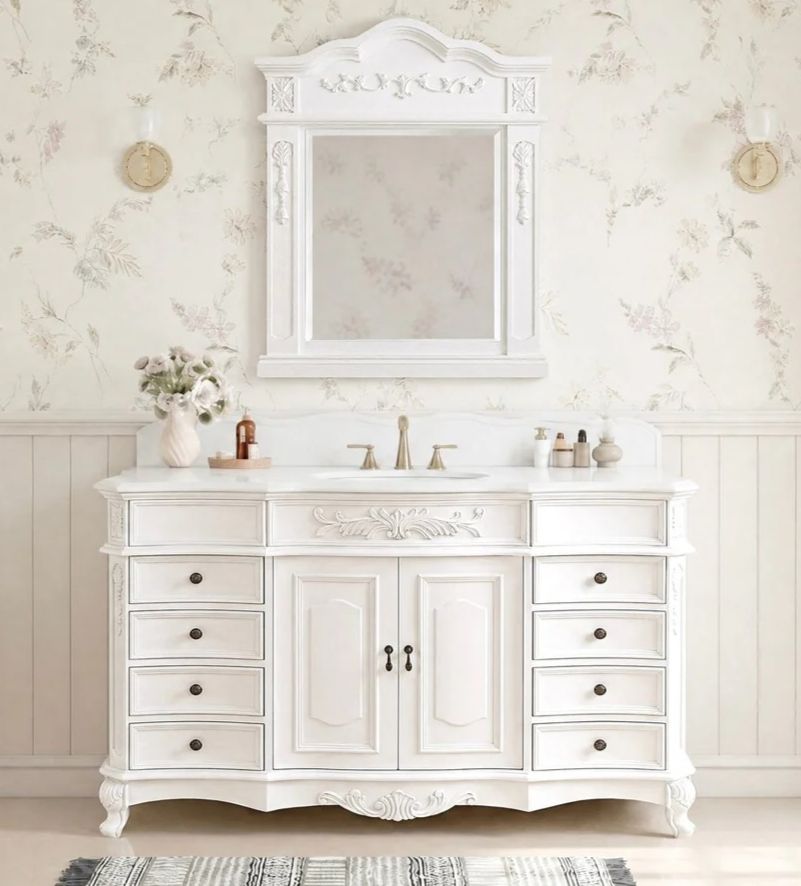 60" Traditional Single Sink Bathroom Vanity Antique White with White Quartz Top, Backsplash Option and Mirror Option