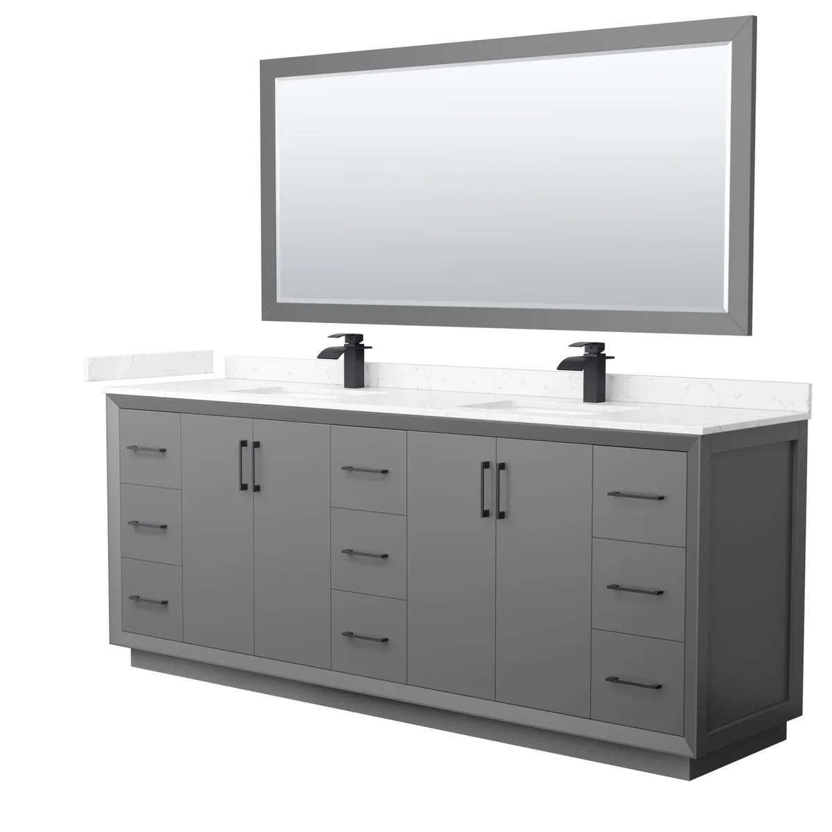 84" Transitional Double Vanity Base in Dark Grey, 3 Top Option, with 3 Hardware Options and Mirror Option 84" Transitional Double Vanity Base in Dark Grey, 3 Top Option, with 3 Hardware Options and Mirror Option