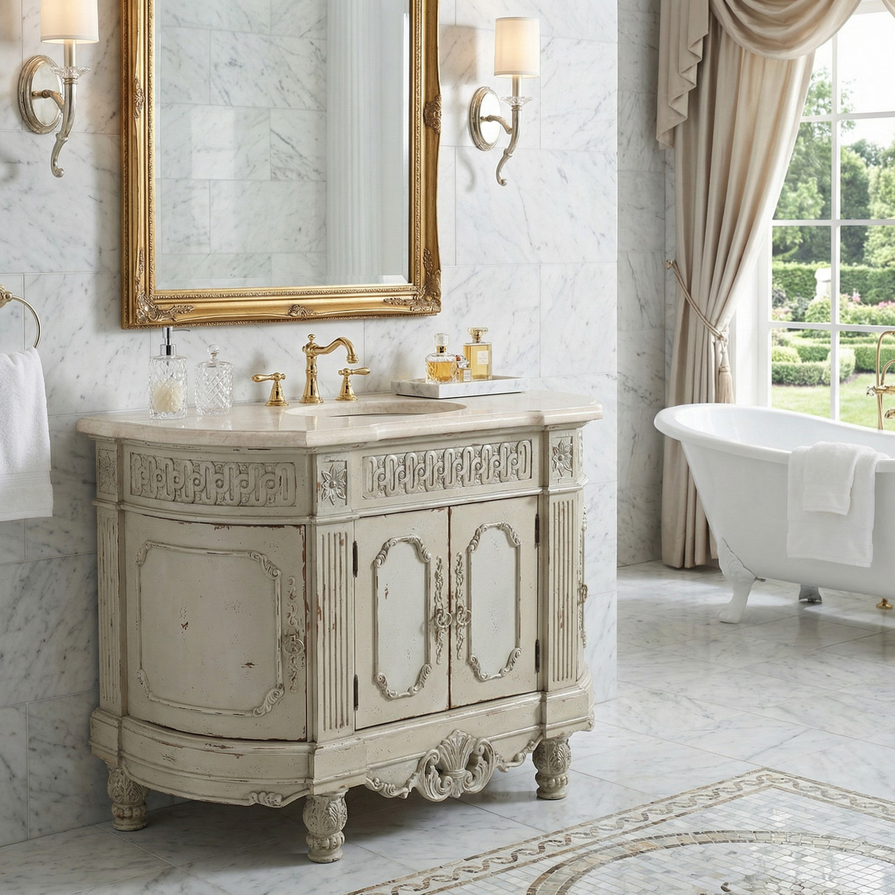 Adelina Collection 48" Essex Single Bathroom Vanity in Parchment Finish with Marble Top