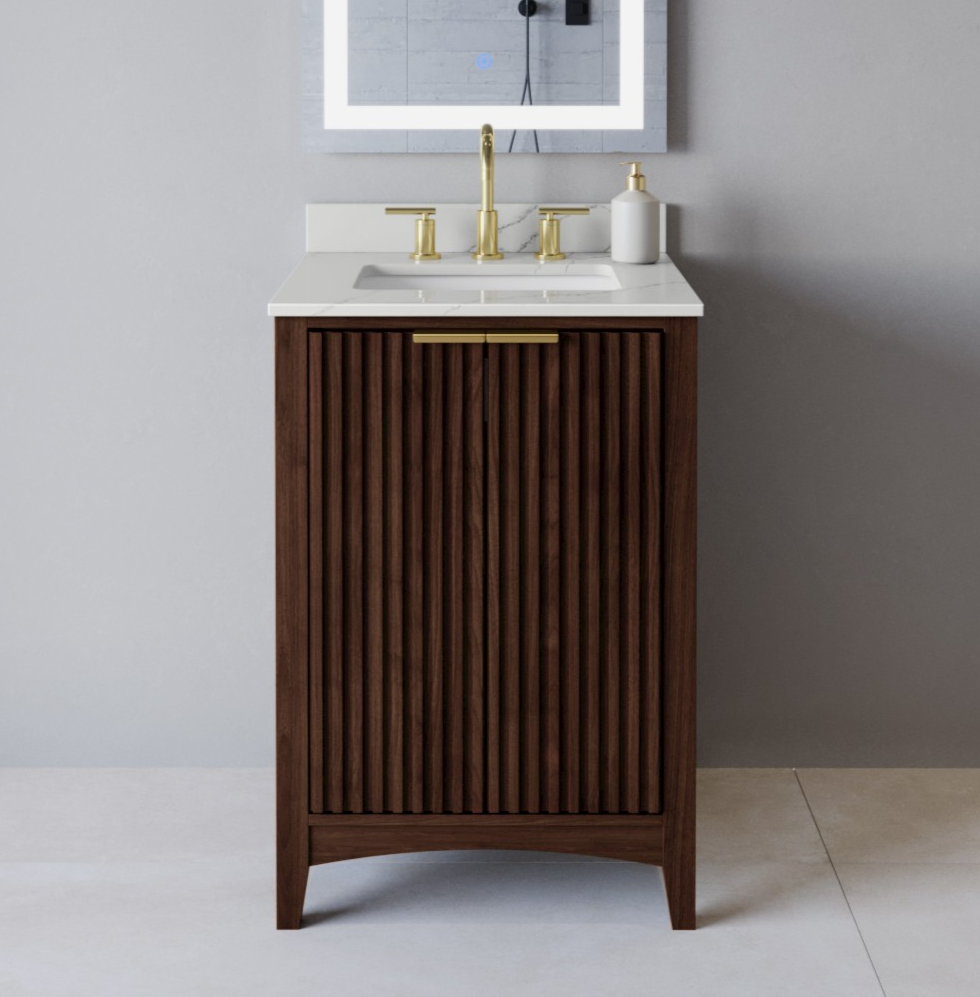24 Inch Single Bathroom Vanity in Dark Walnut, Brushed Gold Trim with 3 Hardware Options and Countertop Options