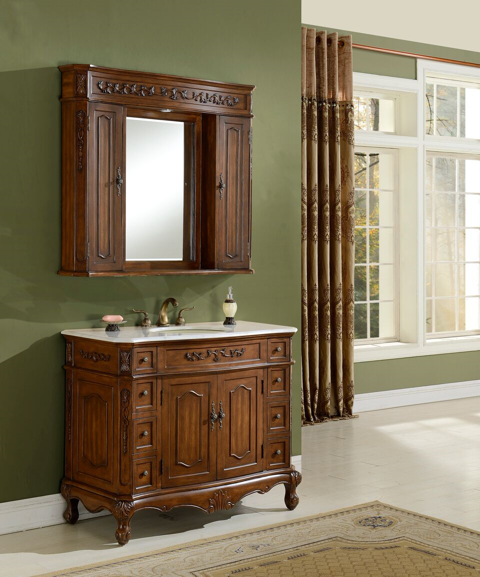 42" Antique Deep Chestnut Finish Vanity with Mirror, Med Cab, and Linen Cabinet Options