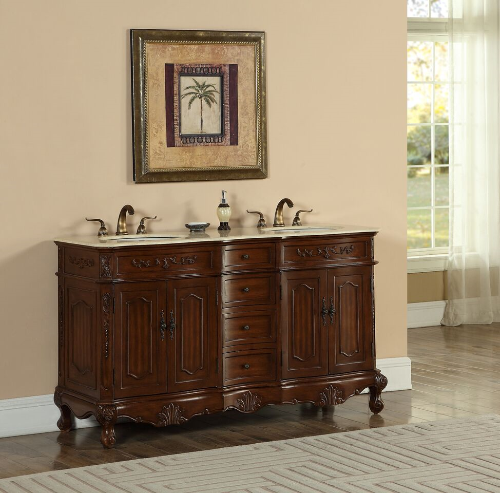 60" Double Antique Deep Chestnut Finish Bathroom Vanity with Mirror, Med Cab, and Linen Cabinet Options