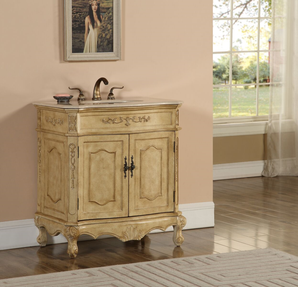 32" Antique Tan Finish Vanity with Mirror, Med Cab, and Linen Cabinet Options