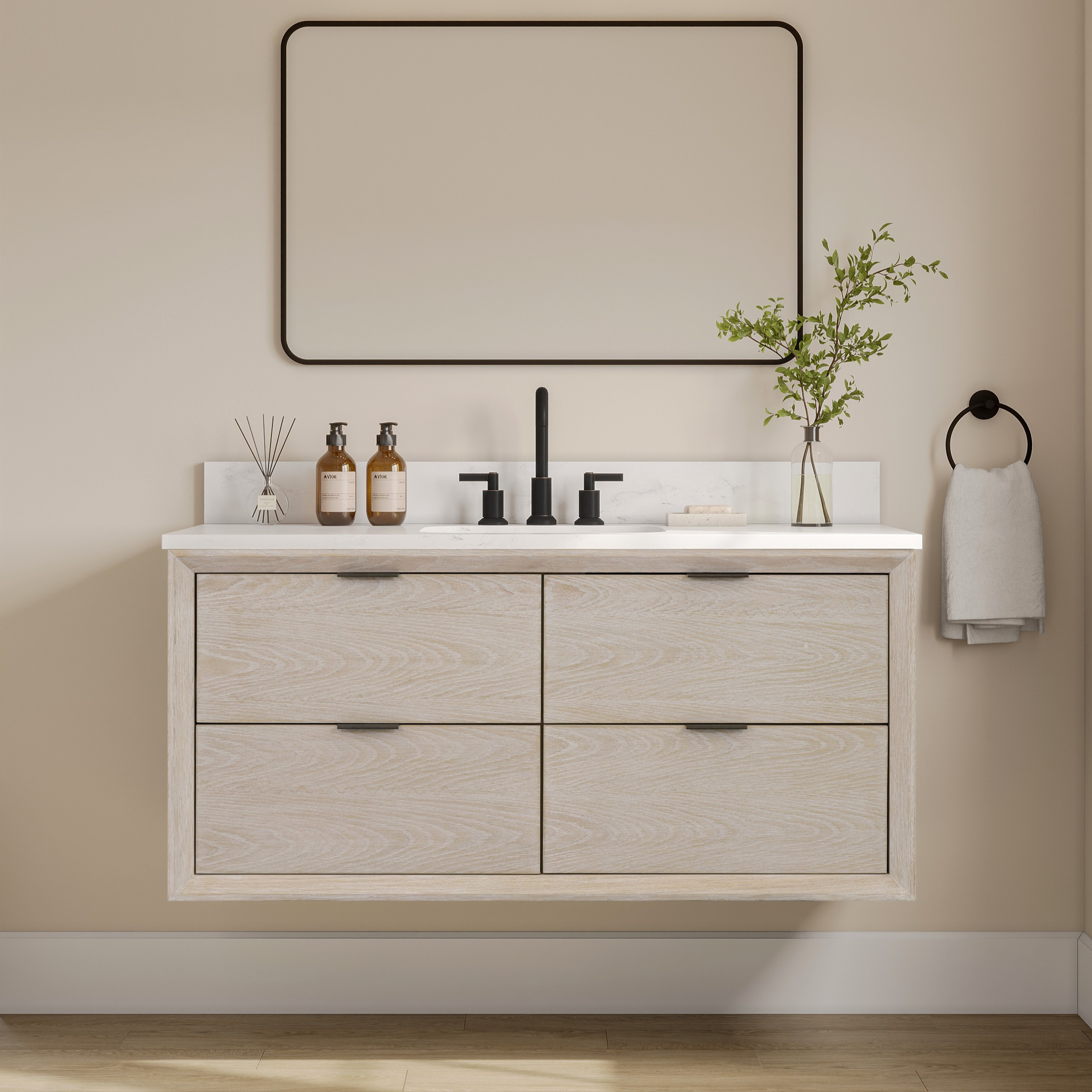 Issac Edwards Rustic Modern 48" Wall-mounted Bathroom Vanity in Whitewashed Oak with 1" Thick White Stone Top