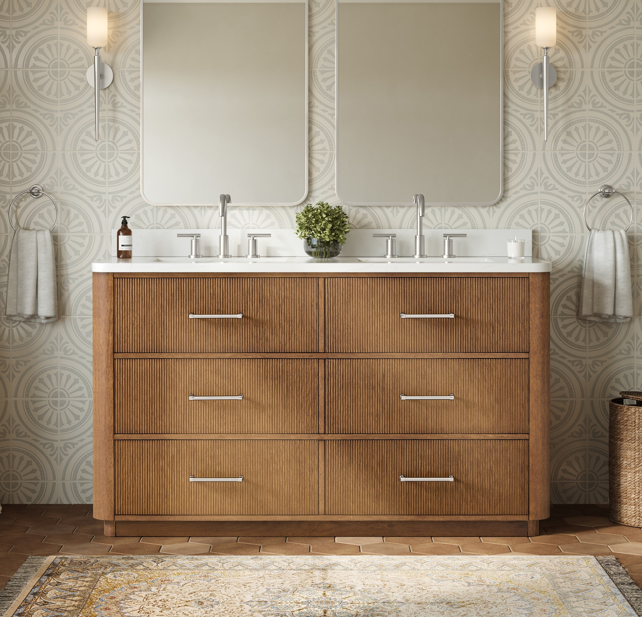 60" Double Bathroom Vanity in Toasted Walnut, with Countertop Options and Hardware Option