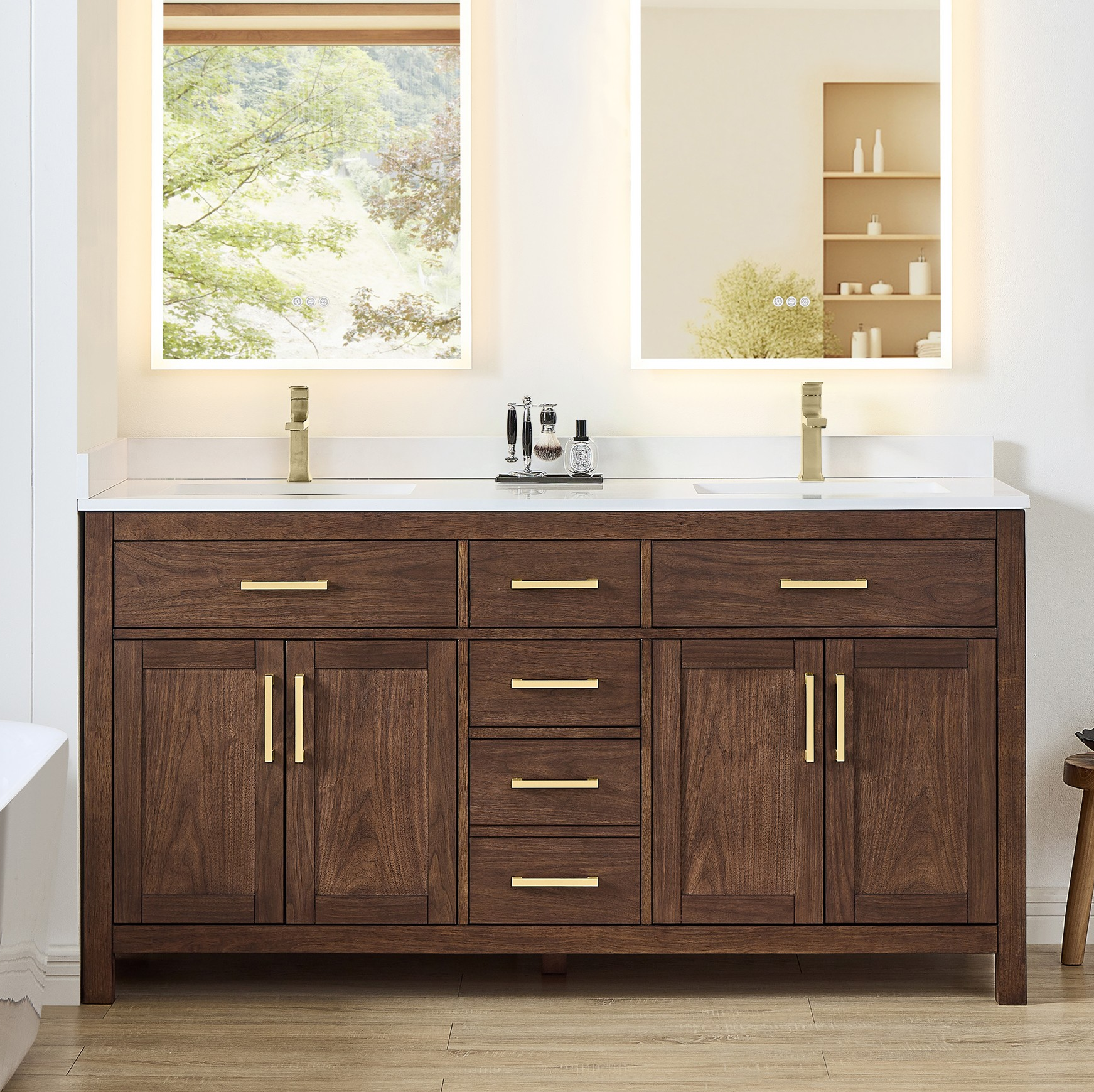 66 Inch Double Bathroom Vanity in Dark Walnut, Brushed Gold Trim with 3 Hardware Options and Countertop Options