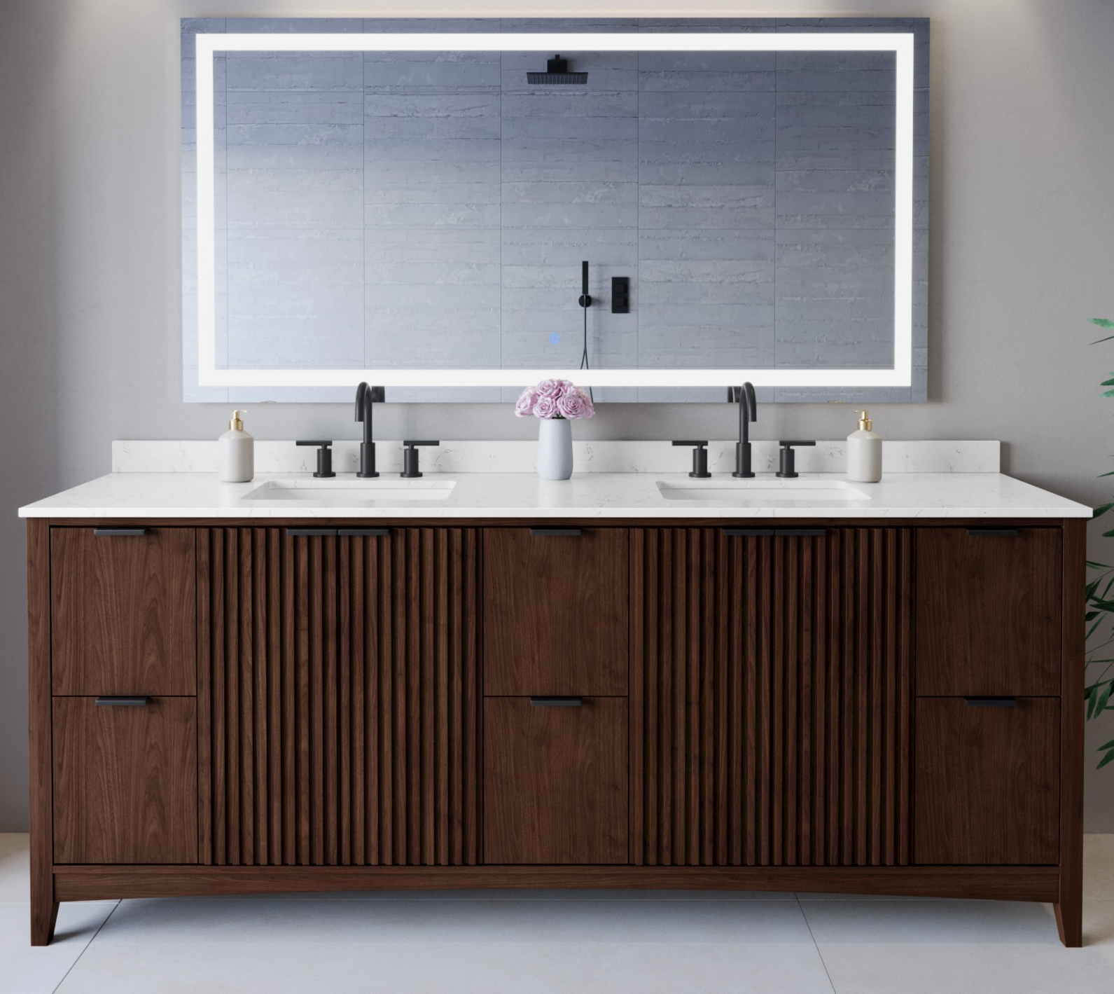 84 Inch Double Bathroom Vanity in Dark Walnut, Matte Black Trim with 3 Hardware Options and Countertop Options