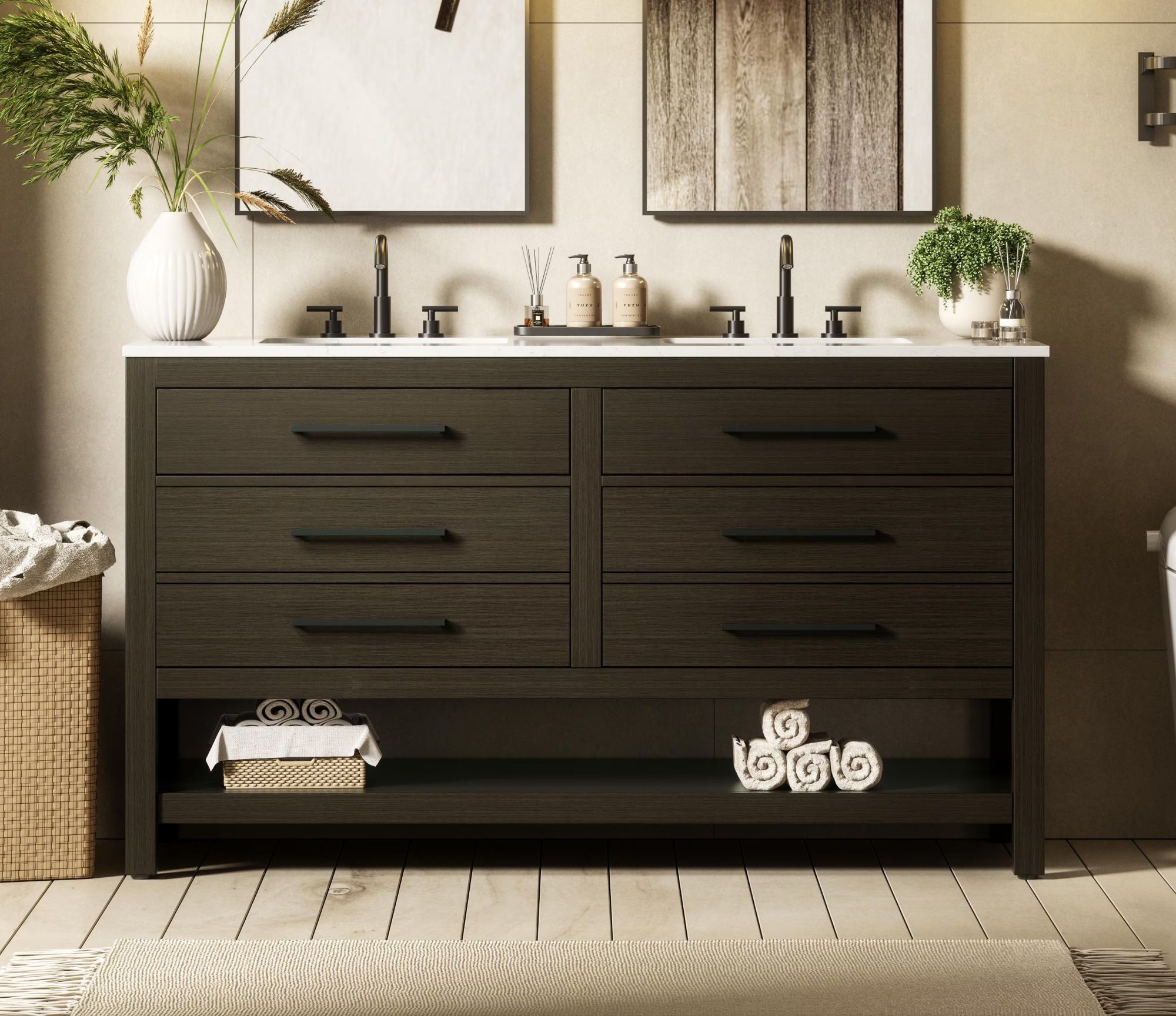 Modern Fitting 60" Double Bathroom Vanity in Moca Brown with 4 Color Options