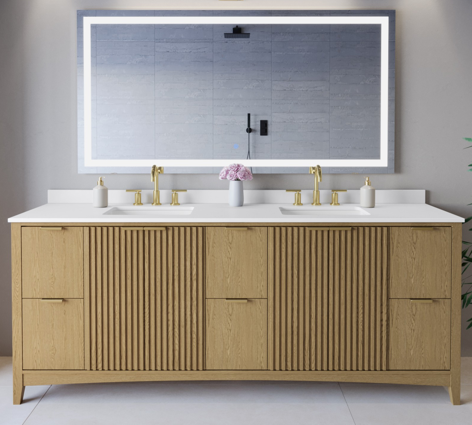 84 Inch Double Bathroom Vanity in Natural Oak, Brushed Gold Trim with 3 Hardware Options and Countertop Options