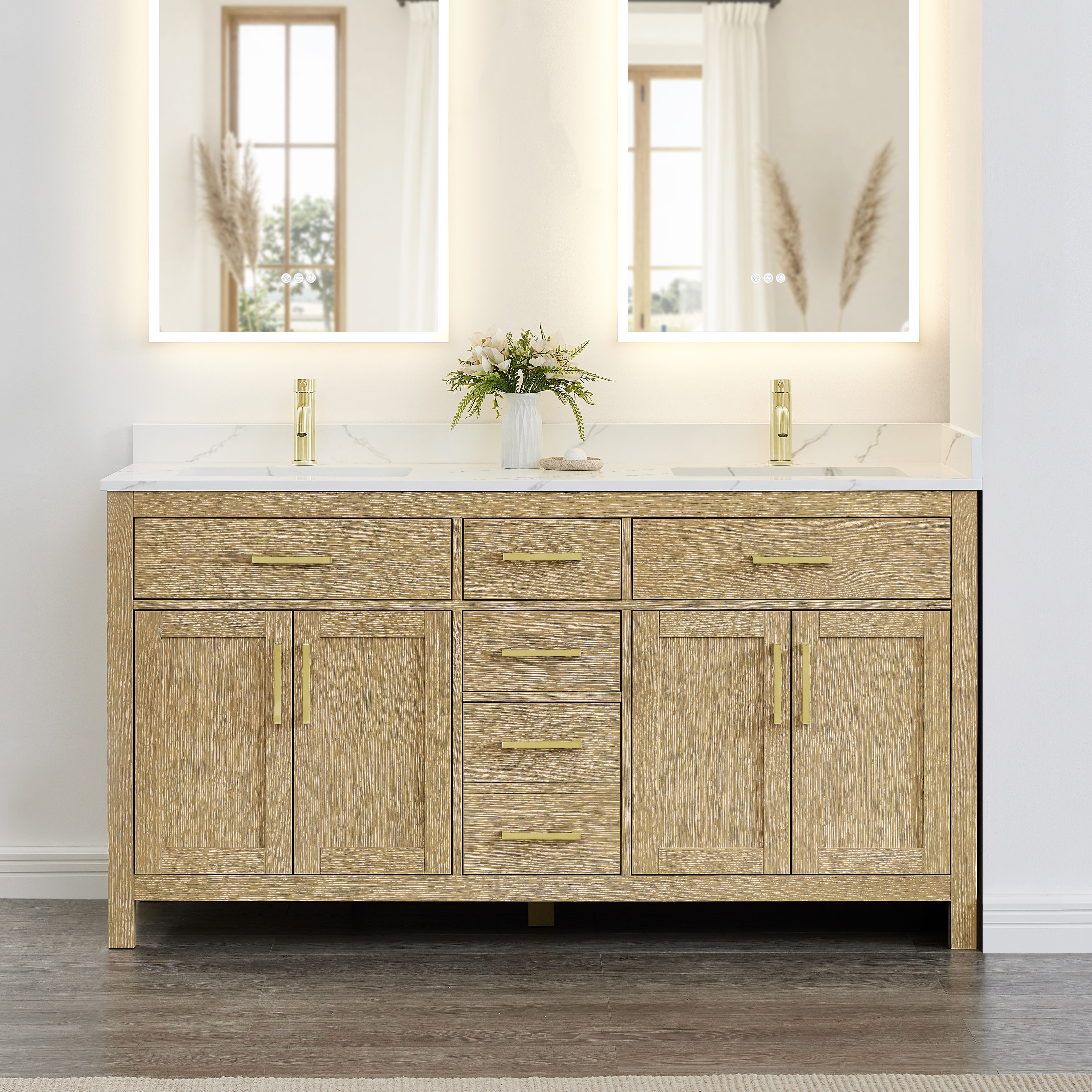 66 Inch Double Bathroom Vanity in Whitewashed Oak, Brushed Gold Trim with 3 Hardware Options and Countertop Options