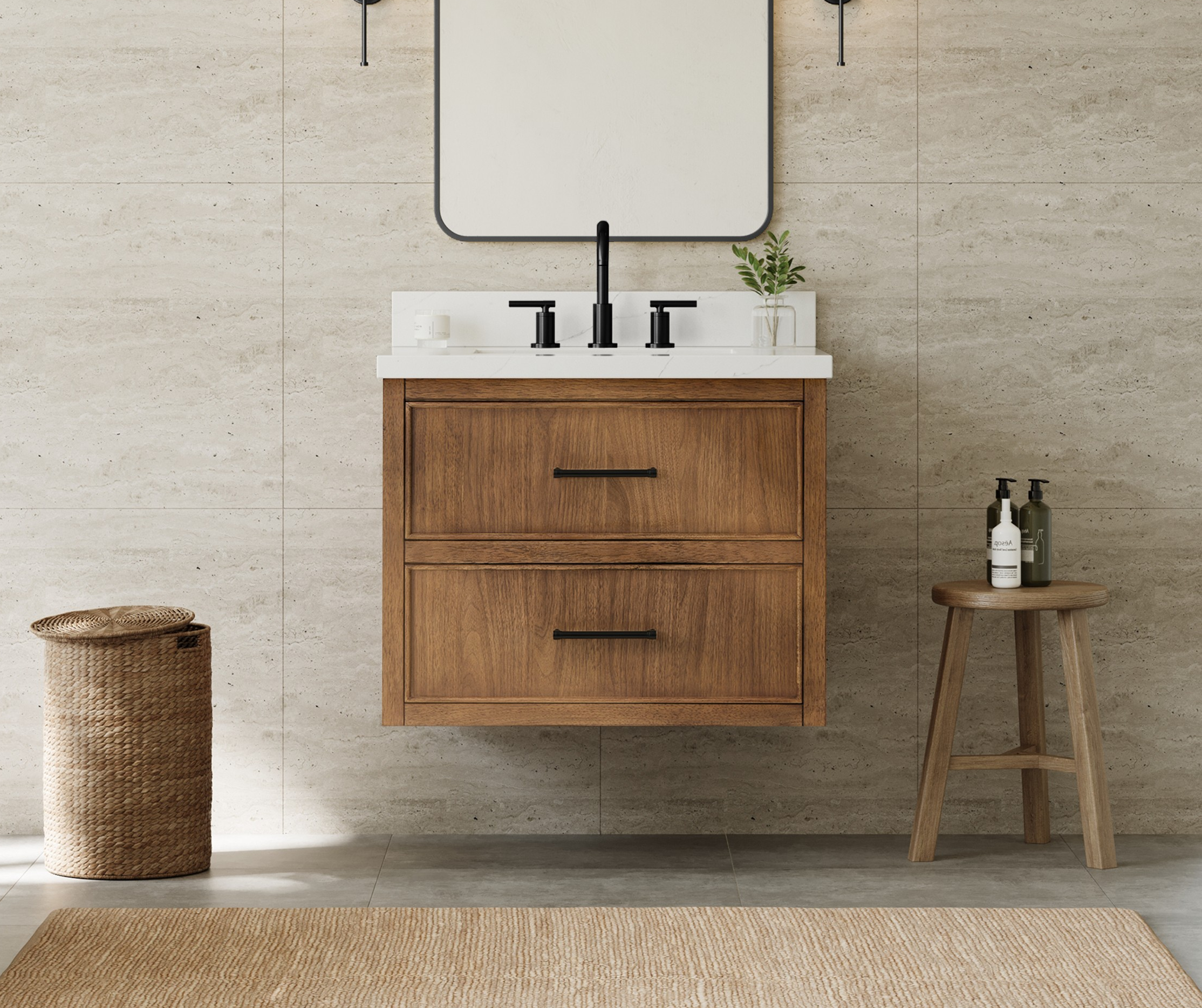30" Single Wall Mounted Bathroom Vanity in Toasted Walnut, Base only, Matte Black Trim, with Countertop Options and Hardware Option
