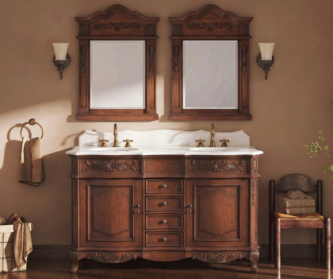 48" Adelina Traditional Double Sink Bathroom Vanity Antique Brown with White Quartz Top, with Backsplash and Mirror Option