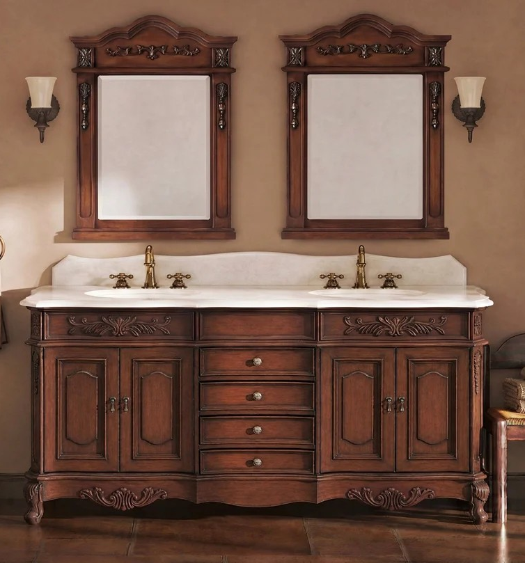 Adelina 72" Traditional Double Sink Bathroom Vanity Antique Brown with White Quartz Top, with Backsplash Option and Mirror Option