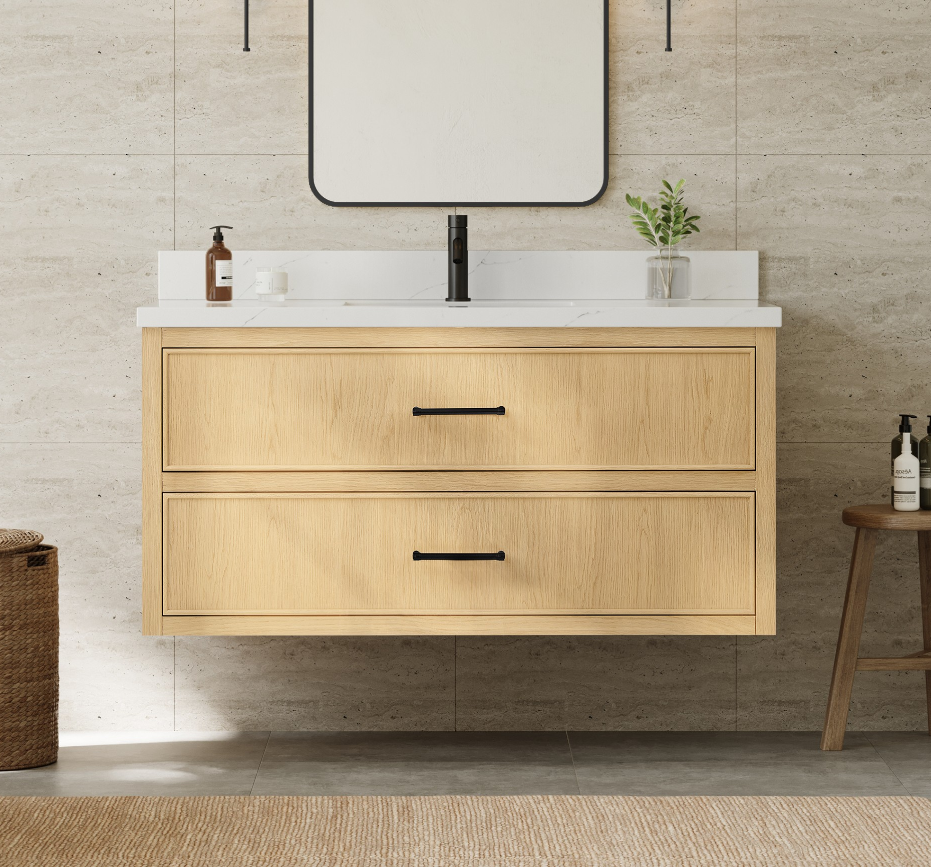 48" Single Wall Mounted Bathroom Vanity in Scandinavian Oak, Base only, Matte Black Trim with Countertop Options and Hardware Option